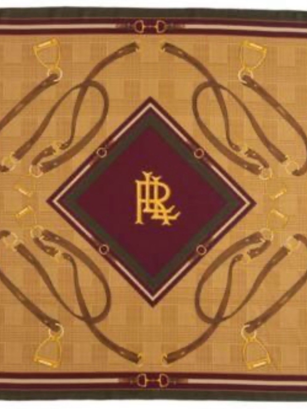 Lauren Ralph Lauren Burgundy, Brown and Gold Equestrian Silk Scarf 36”x36”